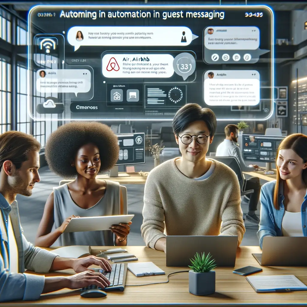 A team of professionals gathered around a desk in a modern office, showcasing automated guest messaging for Airbnb, with interactive displays and digital interfaces enhancing their workflow. - Airbnb Message Automation
