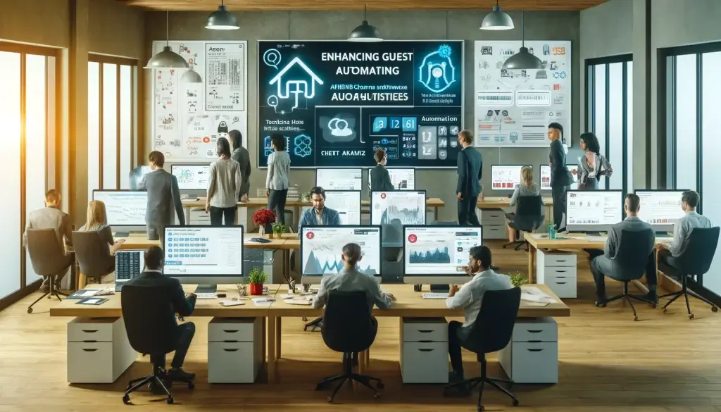 Airbnb message automation, surrounded by screens displaying analytical data and project strategies