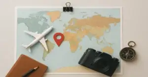 Map with airplane, camera, and compass symbolizing international tourist arrivals.