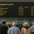 Airport terminal with departures board showing international tourist arrivals in 2024