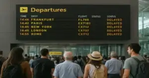 Airport terminal with departures board showing international tourist arrivals in 2024